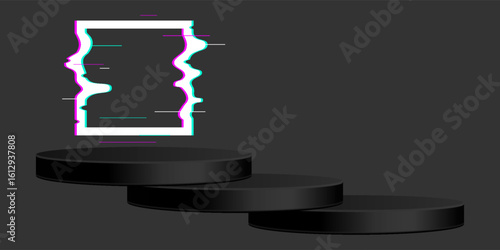 Futuristic Glowing Portal on Black Podium – Neon Glitch Sci-Fi Gateway Concept