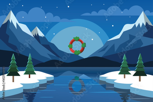 Christmas Wreath Over Frozen Lake and Mountains