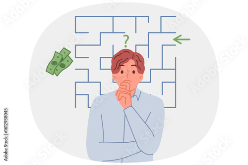Business man is thinking about way to get rich and get money or increase profits from company, standing near maze. Difficult task for investor, wants to extract money from unpromising project