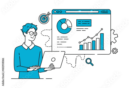 Business analytics scene with laptop and interactive graphs including pie, bar, and line charts representing performance and strategic analysis.