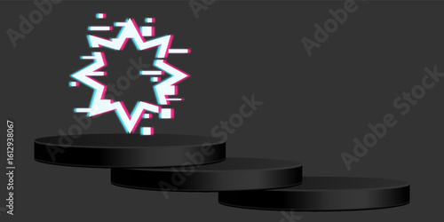 Futuristic Glowing Portal on Black Podium – Neon Glitch Sci-Fi Gateway Concept