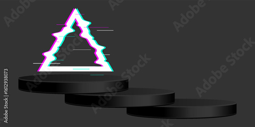 Futuristic Glowing Portal on Black Podium – Neon Glitch Sci-Fi Gateway Concept