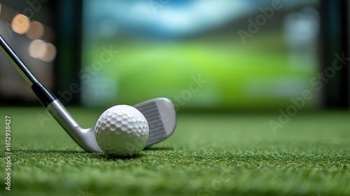 A golf club is positioned behind a golf ball on artificial turf, ready for a shot with a blurred virtual golf course in the background