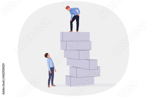 Successful business man stands on top and looks down at loser colleague who does not want to develop. Leader and top manager feels strength and superiority over less fortunate employee of company