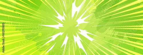 Anime explosion radiating bright green energy beams outward from center. Comic style burst with dynamic motion, sharp rays on bright halftone background for manga battle scenes and superhero action.