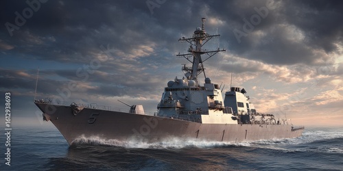 Destroyer Ship. Aegis-class Naval Warship with Stealth Technology