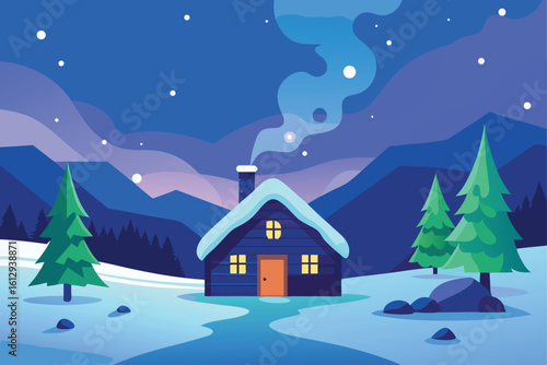 Cozy Wooden Cabin on Winter Night