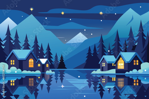 Blue Night Winter Mountain Landscape