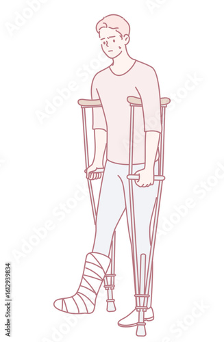 A determined young man using crutches and wearing a leg cast, representing the themes of recovery and resilience