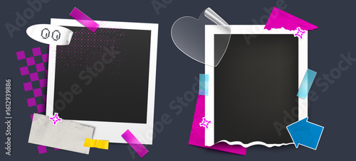 Y2K photo frames with colorful decorative elements - retro instant snapshots with heart shapes, pixel sticker, tapes. Nostalgic millennial design for scrapbooking or digital memory collage layouts.