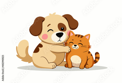 Cartoon dog and cat cuddling happily on a white background  