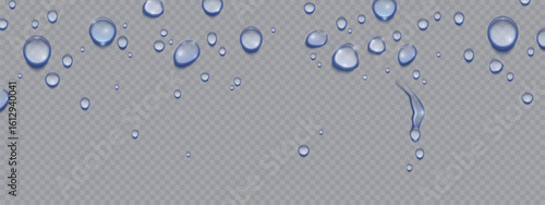 Waterdrop set on transparent surface - crystal clear liquid droplets of various sizes on background. Blue water beads with realistic reflections for design elements, rain effects or moisture textures.