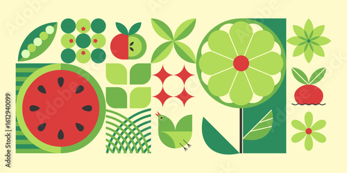 Bauhaus plant mosaic with geometric fruit patterns - watermelon slices, apples and green peas pod, stylized flowers, leaves and bird icons. Red and green color retro botanical tiles for summer design