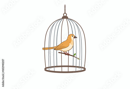 Yellow bird sitting on branch inside vintage birdcage  