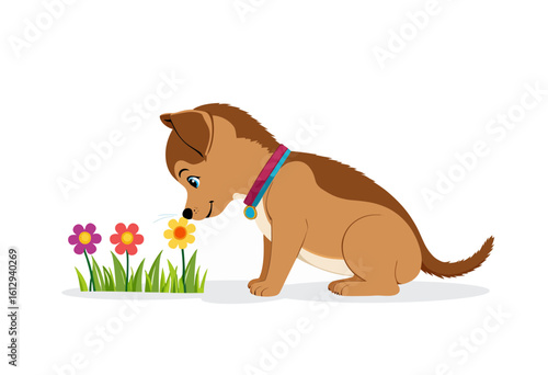 Cartoon dog sniffing flowers in garden with colorful blossoms  