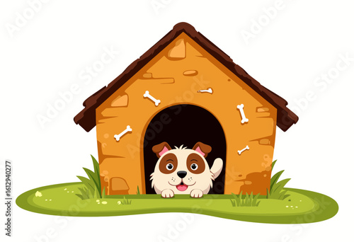 Cute dog peeking out from colorful doghouse in grassy yard  