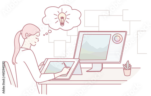 An engaging illustration depicting a designer actively brainstorming new ideas while utilizing various digital devices