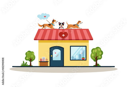 Cartoon pet shop with dogs on roof and greenery surrounding  