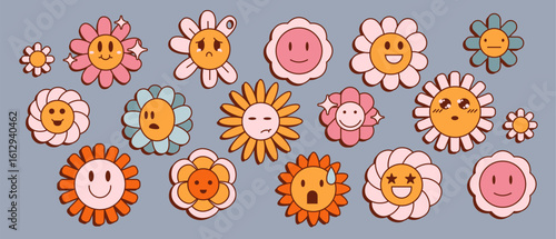 Retro groovy daisy flowers with cartoon faces showing different emotions - happy, sad, surprised expressions in pink, orange, blue pastel colors for hippie style stickers, prints or 70s decorations.