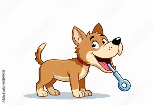 Cartoon dog smiling while holding a blue key in its mouth  