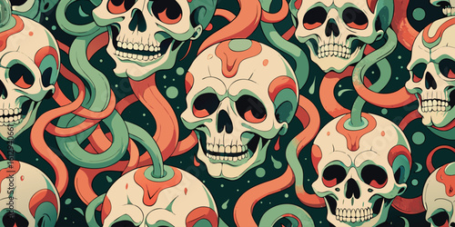 Seamless Pattern Design with Skulls and Snakes Dark and Edgy Illustration