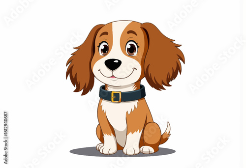 Cute cartoon dog sitting with a collar and smiling happily  