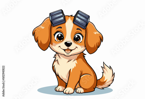 Cute cartoon puppy sitting with curlers on its head  