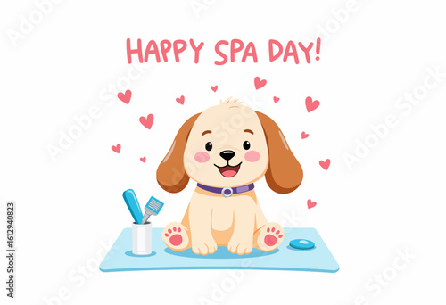 Cute puppy enjoying spa day with grooming tools and hearts  