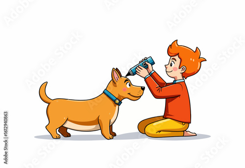 Boy playing with a dog and giving it a bath indoors at home  