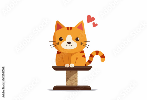 Cute orange cat sitting on scratching post with love hearts  