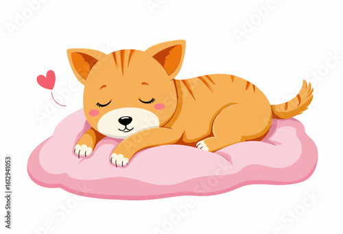 Cute orange cat sleeping on a pink pillow with a heart nearby  
