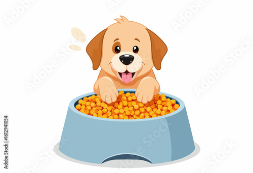 Cute puppy playing in food bowl filled with dog kibble  