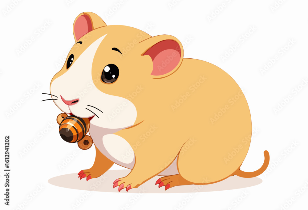 Fototapeta premium Cute cartoon hamster holding a toy while sitting on white background 