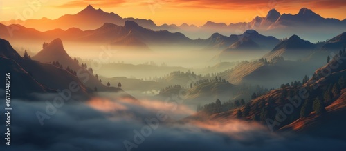 Dramatic morning sun breaks over a misty mountain landscape, painting the sky with the vibrant hues of dawn