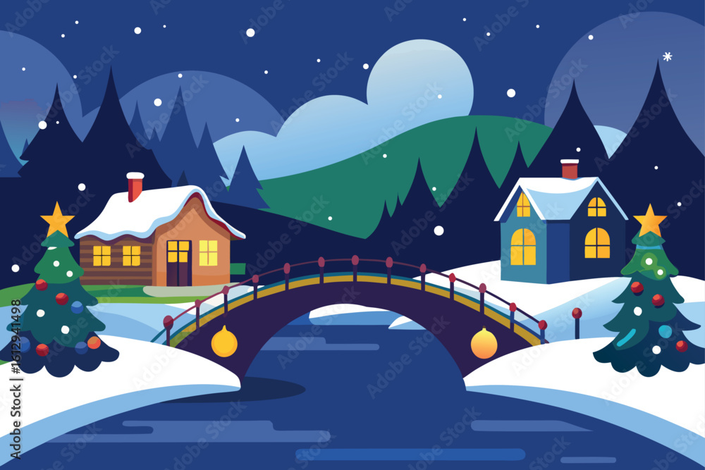 Fototapeta premium Winter Village Bridge at Night