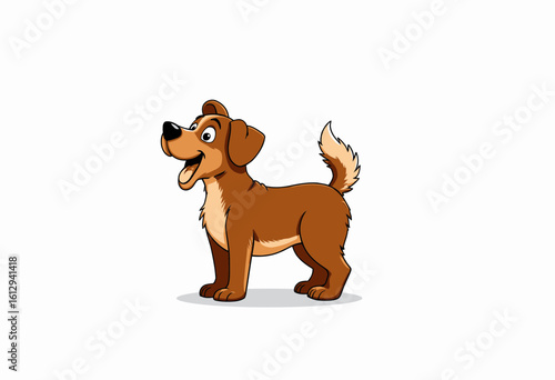 Cartoon dog standing happily with a wagging tail on white background  