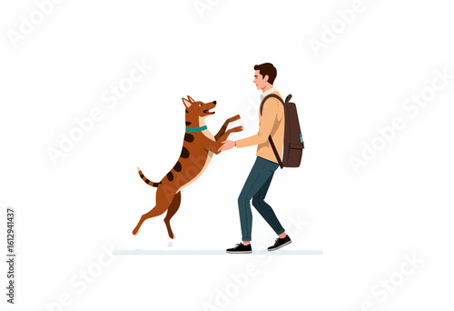 Young man greeting brown dog happily indoors with backpack  