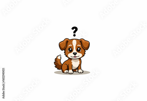 Cute cartoon puppy looking curious with question mark above  