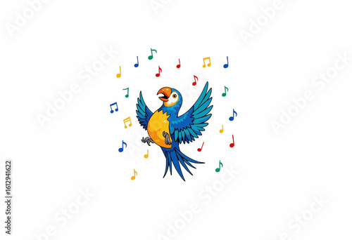 Colorful parrot singing with musical notes in playful design  