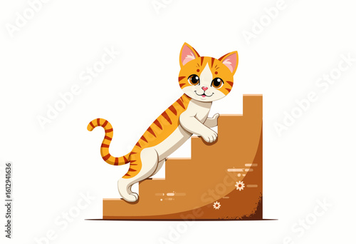 Cute orange tabby cat climbing up stairs in a playful manner  