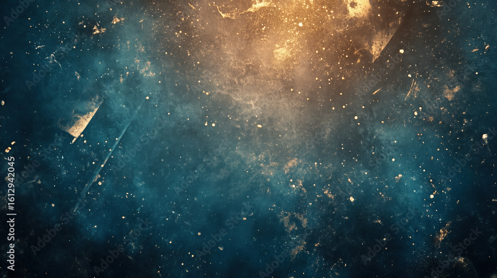 Obraz premium Mesmerizing cosmic background featuring blend of deep blue and golden hues, with scattered light particles and textured appearance that evokes sense of vastness and mystery