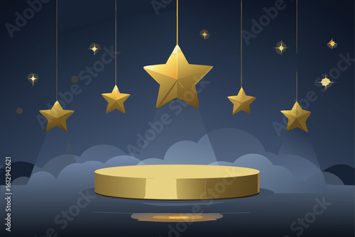 Christmas Stars Hanging over Golden Podium