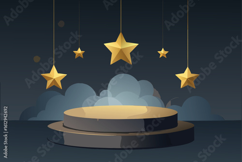 Starry Stage Podium with Clouds and Lights