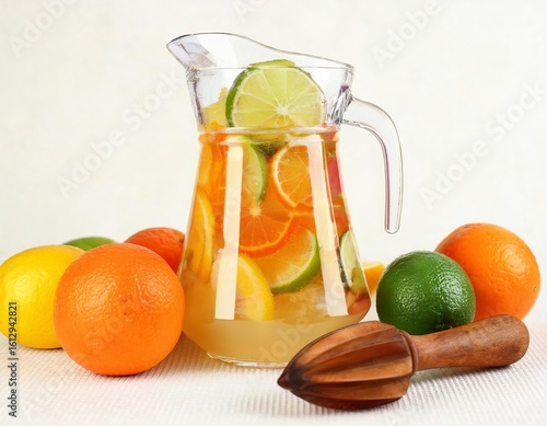 Refreshing citrus drink with wooden reamer and fresh fruits