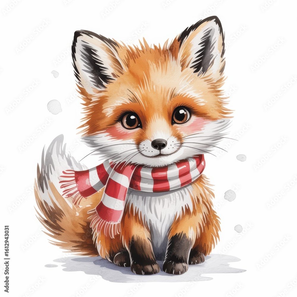 Fototapeta premium Adorable cartoon fox wearing a red and white scarf, sitting in the snow. Perfect for children's products, winter cards, and playful seasonal designs.