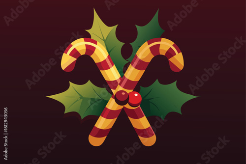 Candy Canes with Holly on Burgundy Background