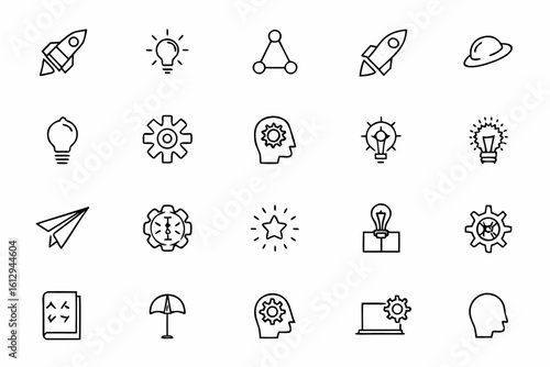  A bold and intelligent collection of line art illustrating the spirit of modern innovation, disruption, and visionary ideas. Suited for startup materials, tech branding, and product design