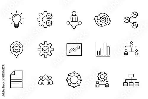 A professional line art collection portraying innovation, resource allocation, and market penetration for business growth. Ideal for strategic planning materials and marketing collateral