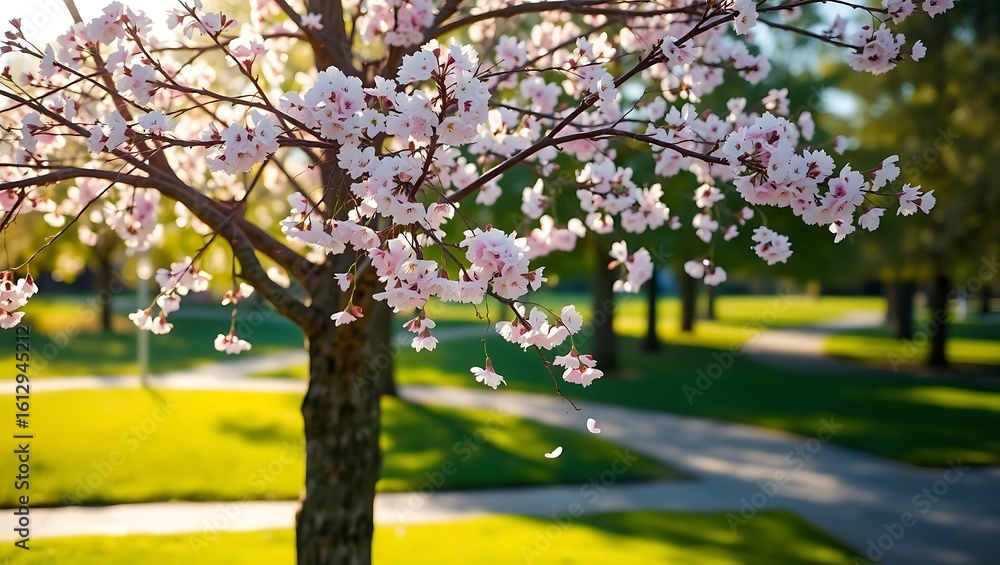 A blooming cherry tree in a park on a sunny day with a path and green grass in the background view A blooming cherry tree in a park on a sunny day with a path and green grass in the background view