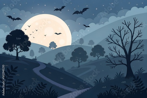 Flat Style Halloween Night with Hills Moon and Bats
